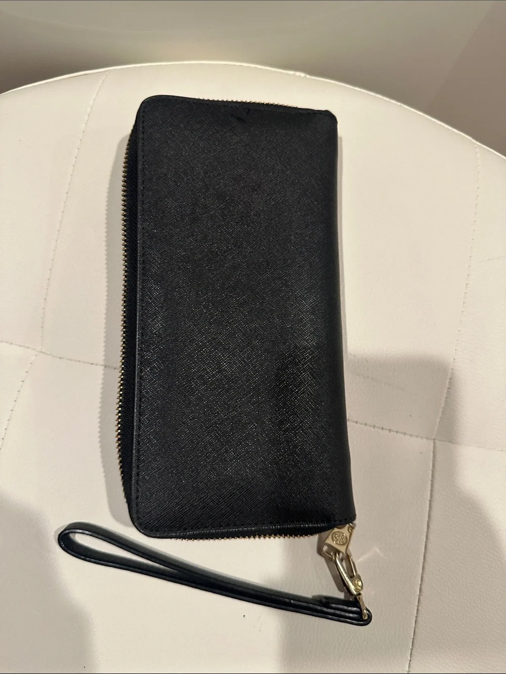 Tory Burch Black Saffiano Zip Wristlet with Gold Logo